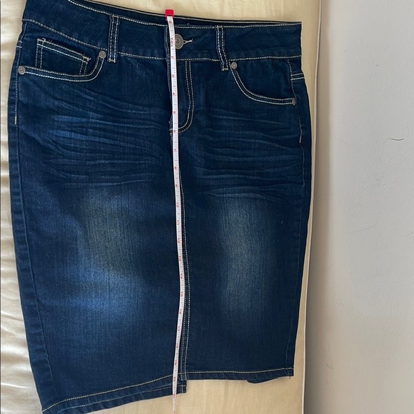 Karen T denim pencil Stylish stretch Jean dark wash zip front Skirt - Picture 7 of 8